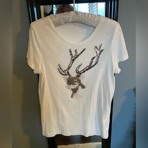 J Crew white tee with deer beaded embellishment on front. Size Large.